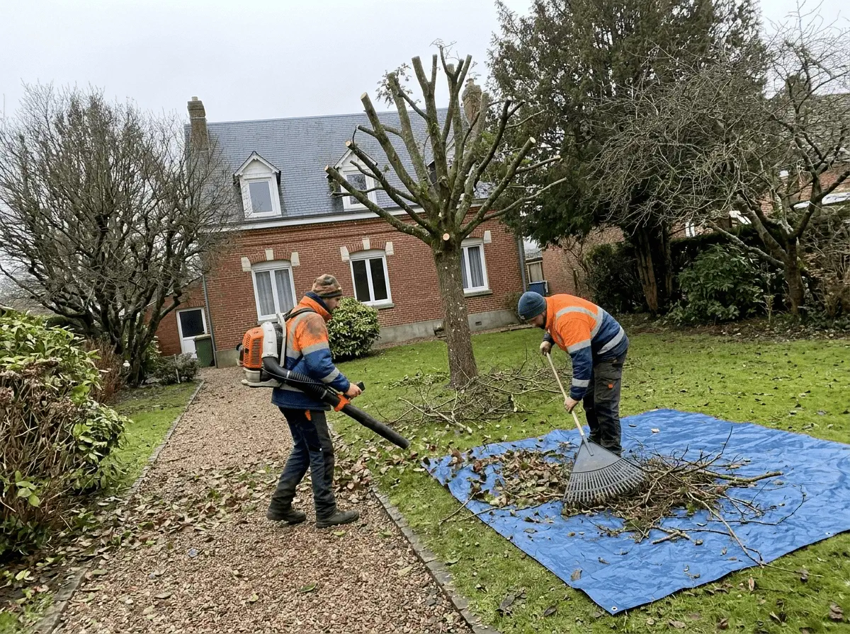 Fin de chantier : un ouvrier souffle les feuilles de l'allée, l'autre ratisse les branches sur une bâche, devant un arbre taillé