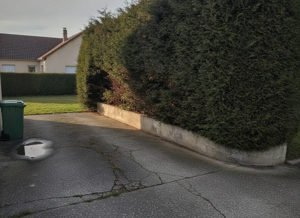 Haie de thuyas trop haute et trop large, avant taille